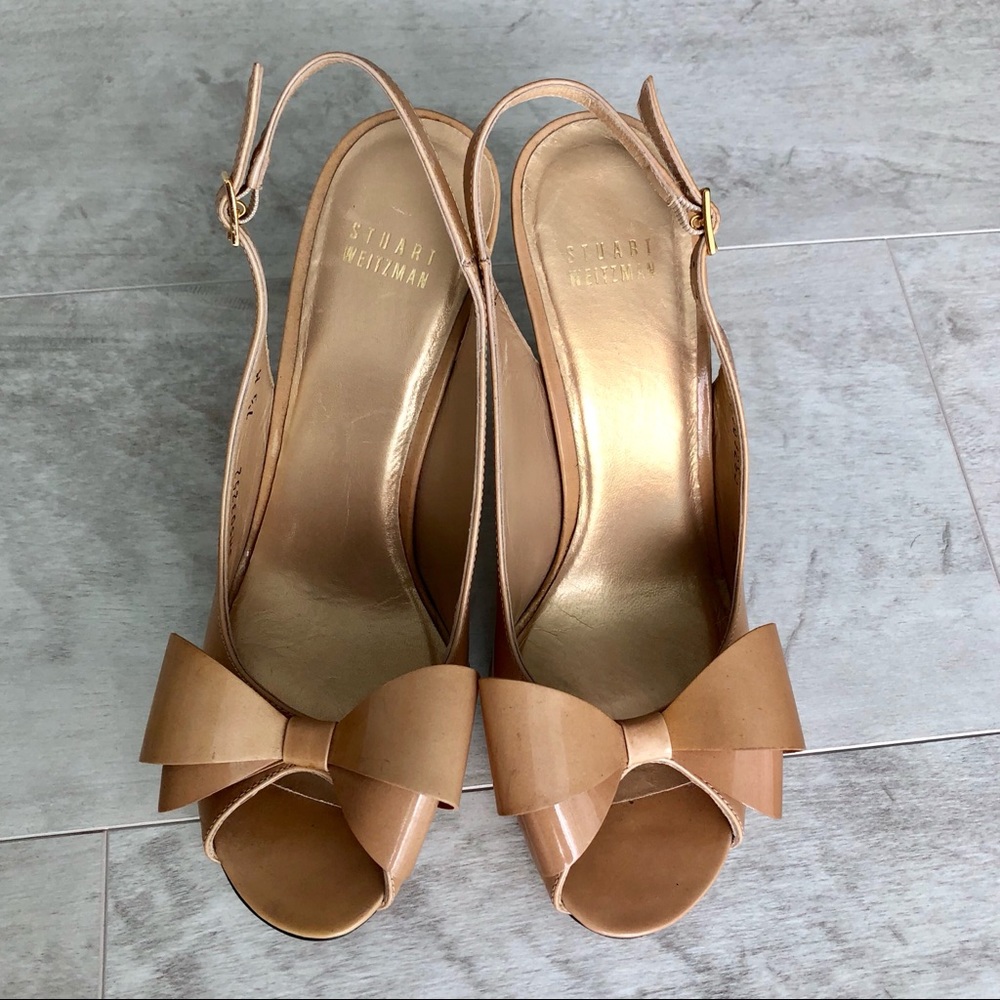 Stuart Weitzman Open Toed Nude Heels w/ Bow Detail